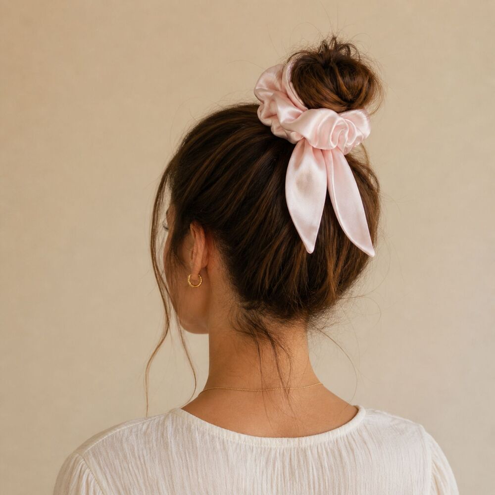 Women Handmade Satin Hair Scrunchies Mini Claw Clip Set 3pcs Bow Yelow Pinck